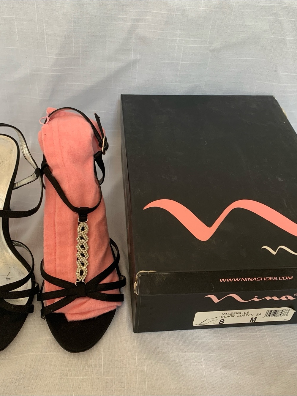 Nina Black Strappy Heels with Rhinestone Accent